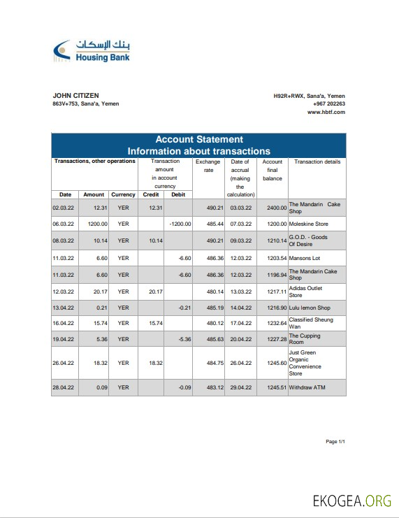 Relevé bancaire du Yémen Housing, modèle Excel et PDF